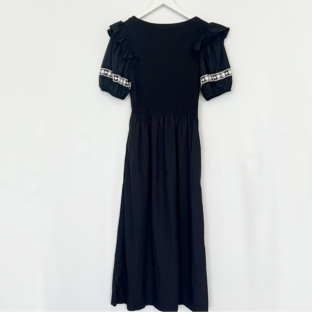 Cleobella Selma Black Midi Dress Puff Sleeve Embroidered Boho Cotton Size S - Picture 9 of 13